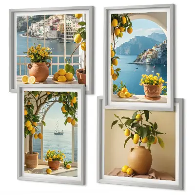 Sea Town Lemons and Flowers Wall Art set of 4 pieces