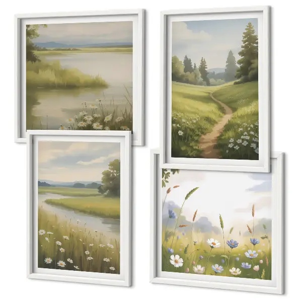 Multi-piece wall decor set spring landscape featuring a river and meadow