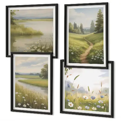 Multi-piece wall decor set spring landscape featuring a river and meadow