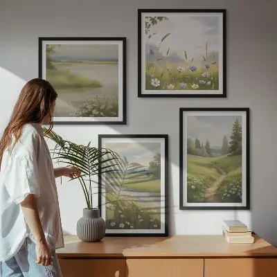 Multi-piece wall decor set spring landscape featuring a river and meadow