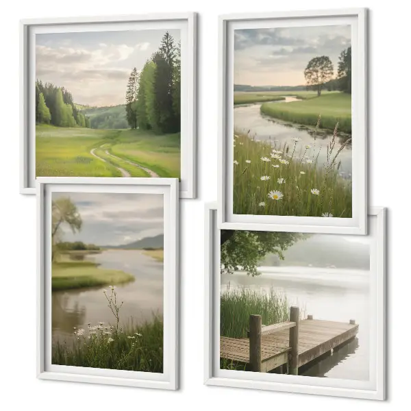 Wall art set featuring summer river meadow landscapes