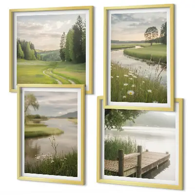 Wall art set featuring summer river meadow landscapes