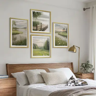 Wall art set featuring summer river meadow landscapes