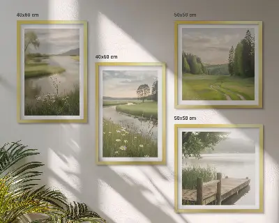 Wall art set featuring summer river meadow landscapes