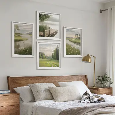 Wall art set featuring summer river meadow landscapes
