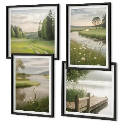 Wall art set featuring summer river meadow landscapes