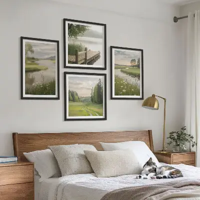 Wall art set featuring summer river meadow landscapes