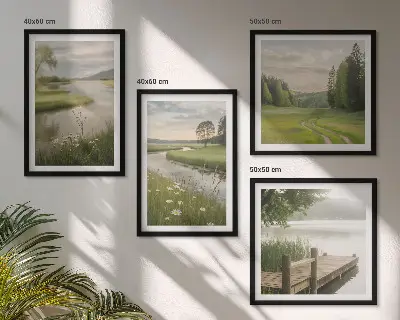 Wall art set featuring summer river meadow landscapes