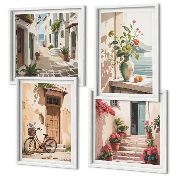 Set of 4 wall art pieces Streets flowers bicycle painted