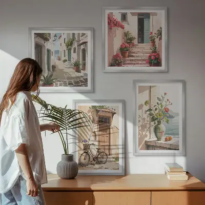 Set of 4 wall art pieces Streets flowers bicycle painted