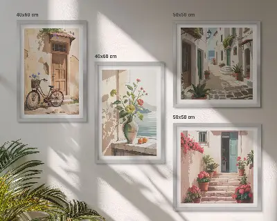Set of 4 wall art pieces Streets flowers bicycle painted