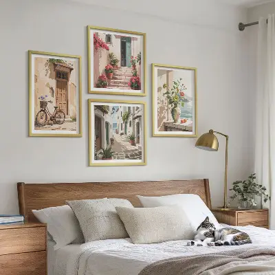 Set of 4 wall art pieces Streets flowers bicycle painted