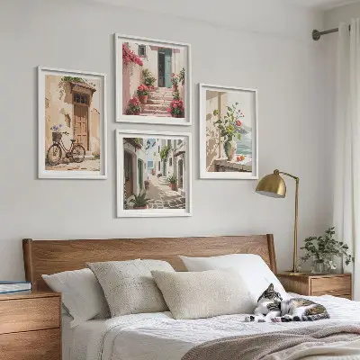 Set of 4 wall art pieces Streets flowers bicycle painted