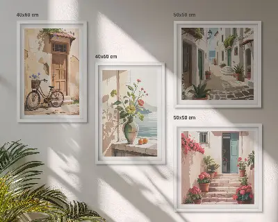 Set of 4 wall art pieces Streets flowers bicycle painted