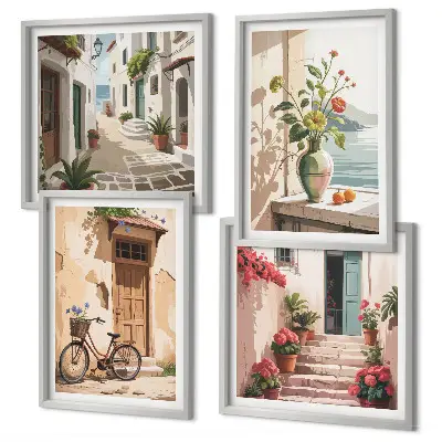 Set of 4 wall art pieces Streets flowers bicycle painted