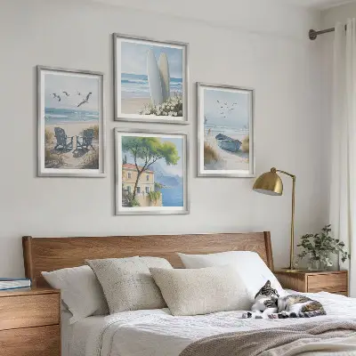 Beach-themed multi-piece wall decor set featuring surfboards, boats, and birds