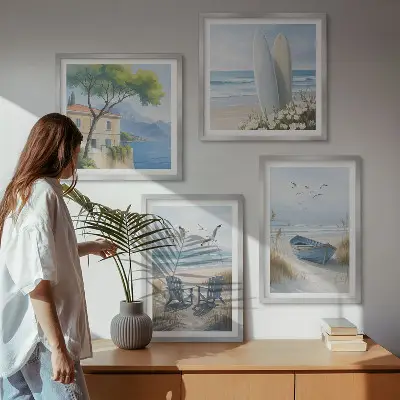 Beach-themed multi-piece wall decor set featuring surfboards, boats, and birds