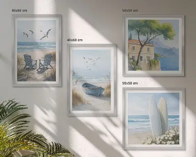 Beach-themed multi-piece wall decor set featuring surfboards, boats, and birds