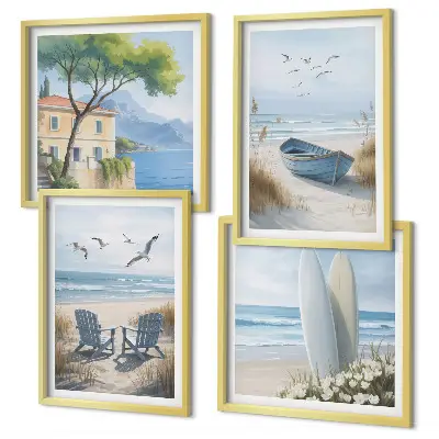 Beach-themed multi-piece wall decor set featuring surfboards, boats, and birds