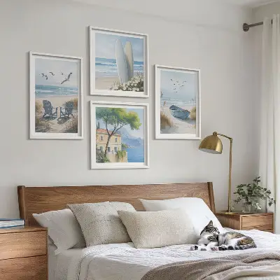 Beach-themed multi-piece wall decor set featuring surfboards, boats, and birds