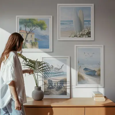 Beach-themed multi-piece wall decor set featuring surfboards, boats, and birds