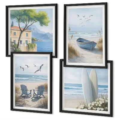 Beach-themed multi-piece wall decor set featuring surfboards, boats, and birds