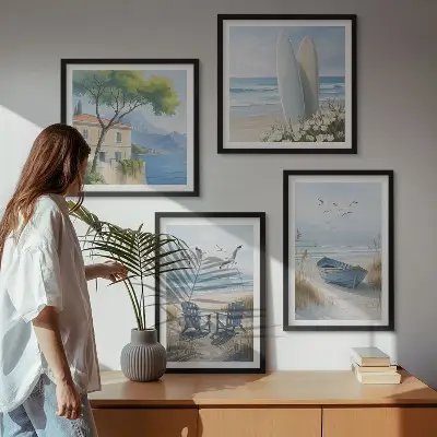 Beach-themed multi-piece wall decor set featuring surfboards, boats, and birds