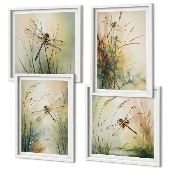 Wall art set dragonflies and grasses over water