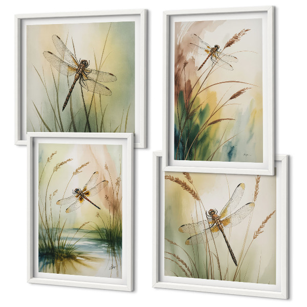 Set of 4 wall art pieces Dragonflies grass water painting