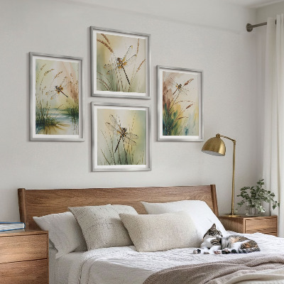 Set of 4 wall art pieces Dragonflies grass water painting