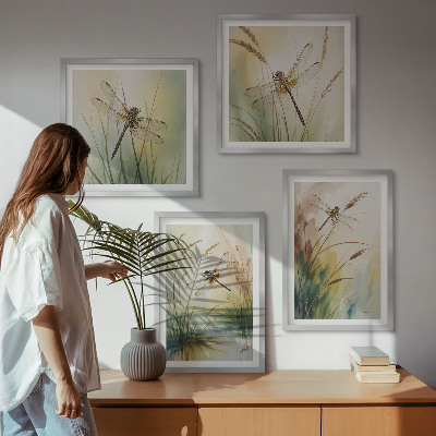 Set of 4 wall art pieces Dragonflies grass water painting