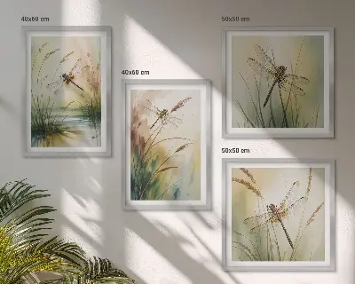 Dragonflies and grass wall art set set of 4 water painting prints