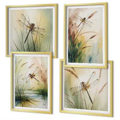 Set of 4 wall art pieces Dragonflies grass water painting