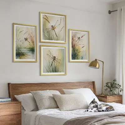 Dragonflies and grass wall art set set of 4 water painting prints