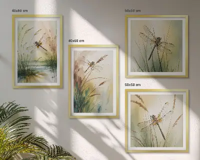 Dragonflies and grass wall art set set of 4 water painting prints