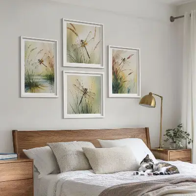 Dragonflies and grass wall art set set of 4 water painting prints