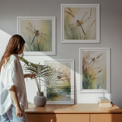 Set of 4 wall art pieces Dragonflies grass water painting