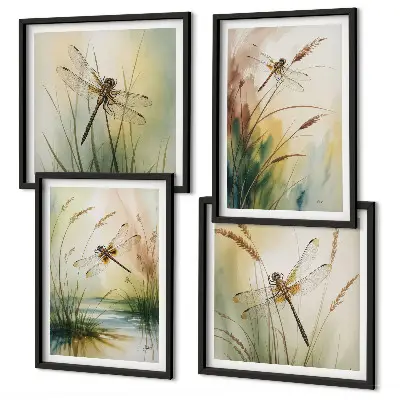 Dragonflies and grass wall art set set of 4 water painting prints