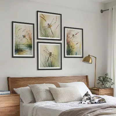 Dragonflies and grass wall art set set of 4 water painting prints
