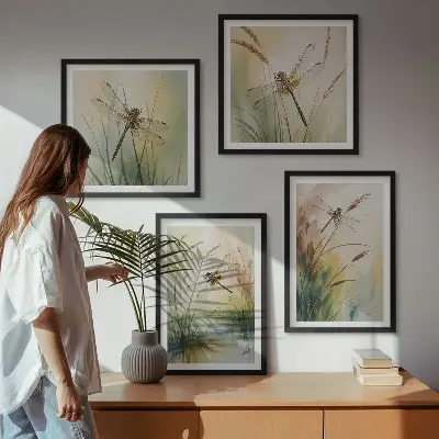 Dragonflies and grass wall art set set of 4 water painting prints