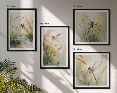 Set of 4 wall art pieces Dragonflies grass water painting