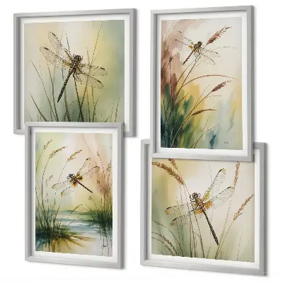 Dragonflies and grass wall art set set of 4 water painting prints