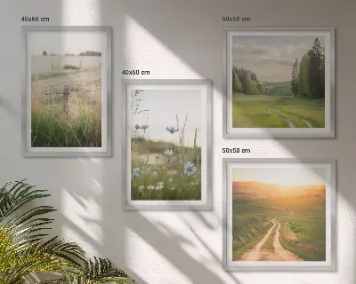 Wall art set featuring a scenic nature landscape with sunny fields