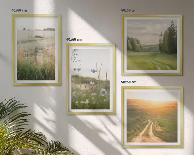 Wall art set featuring a scenic nature landscape with sunny fields