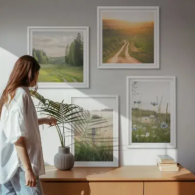 Wall art set featuring a scenic nature landscape with sunny fields