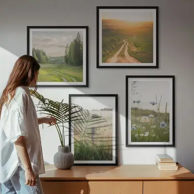 Wall art set featuring a scenic nature landscape with sunny fields