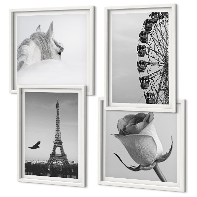 Wall art set Rose Eiffel Tower Horse Ferris Wheel B&W