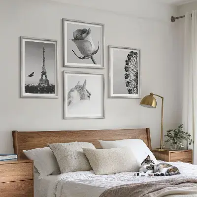 Wall art set featuring a rose, Eiffel Tower, horse, and Ferris wheel in black and white
