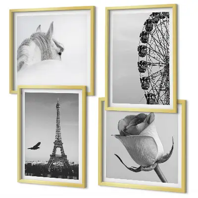 Wall art set featuring a rose, Eiffel Tower, horse, and Ferris wheel in black and white