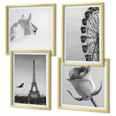 Wall art set Rose Eiffel Tower Horse Ferris Wheel B&W